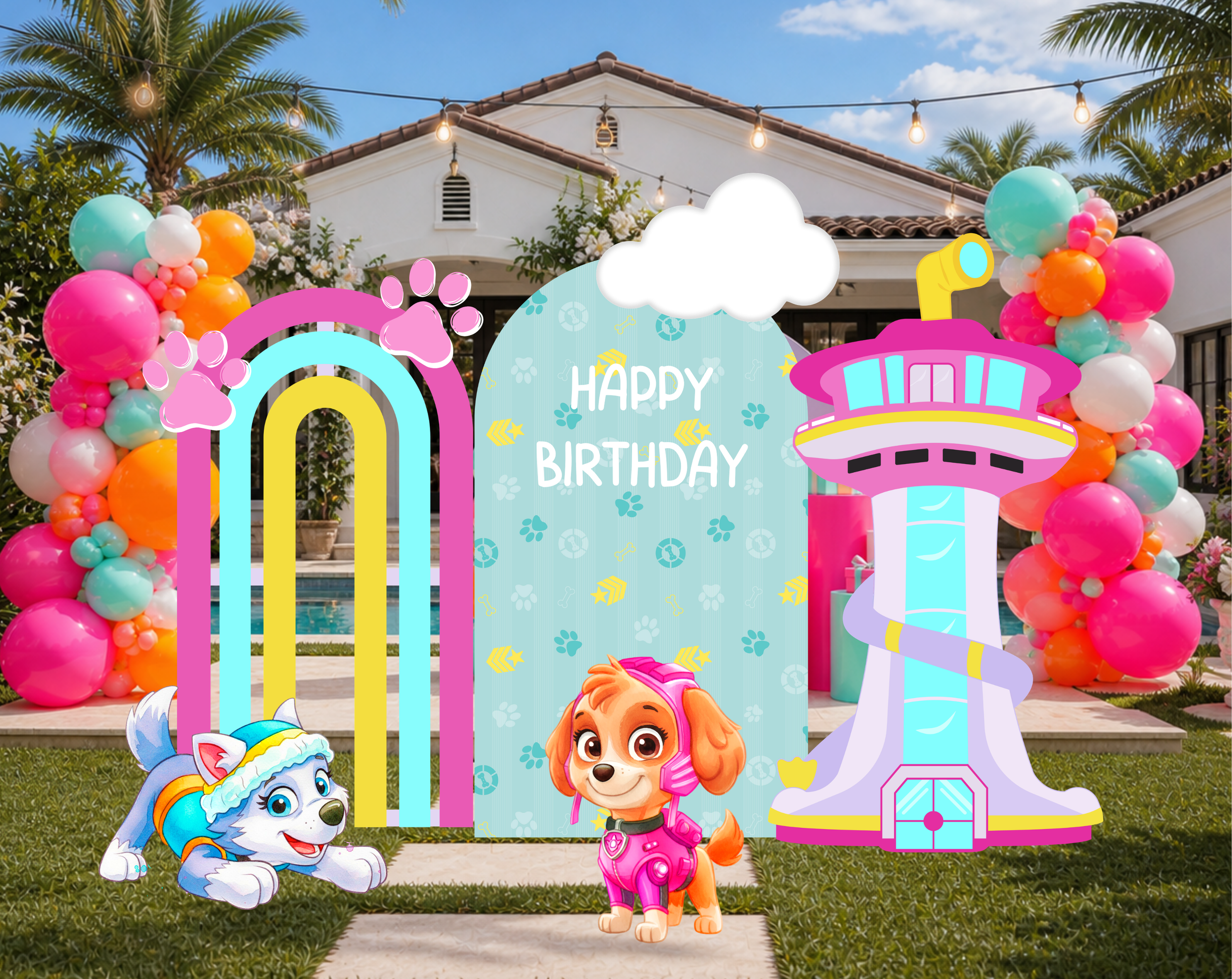 Outdoor puppy pool party backdrop with bright pink blue and yellow panels, balloon accents and summer birthday styling.
