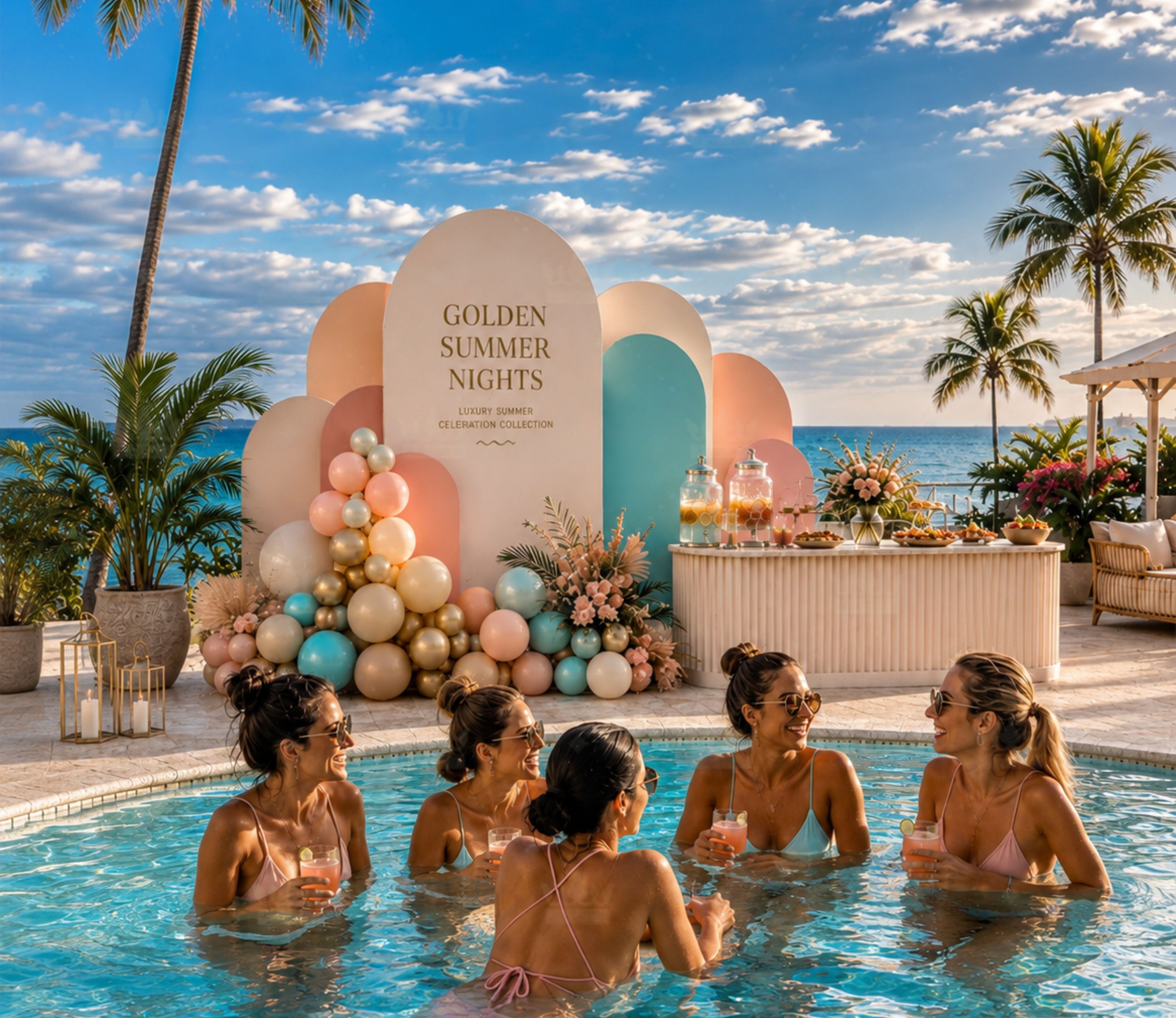 Personalized pool party backdrop with tropical birthday decorations styled beside a resort swimming pool