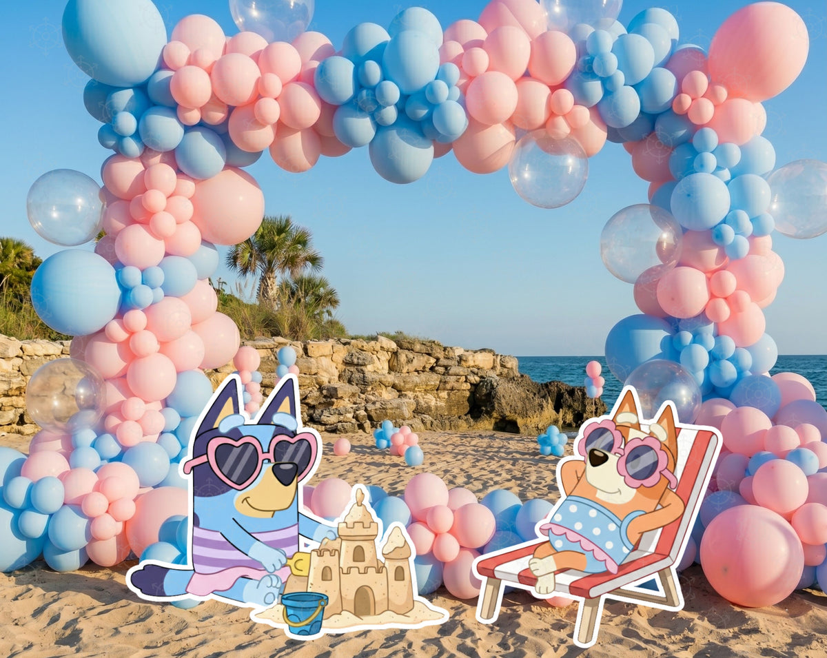 Pool party birthday setup with balloon garlands, pastel backdrop panels and blue puppy character cutouts for a fun summer celebration.