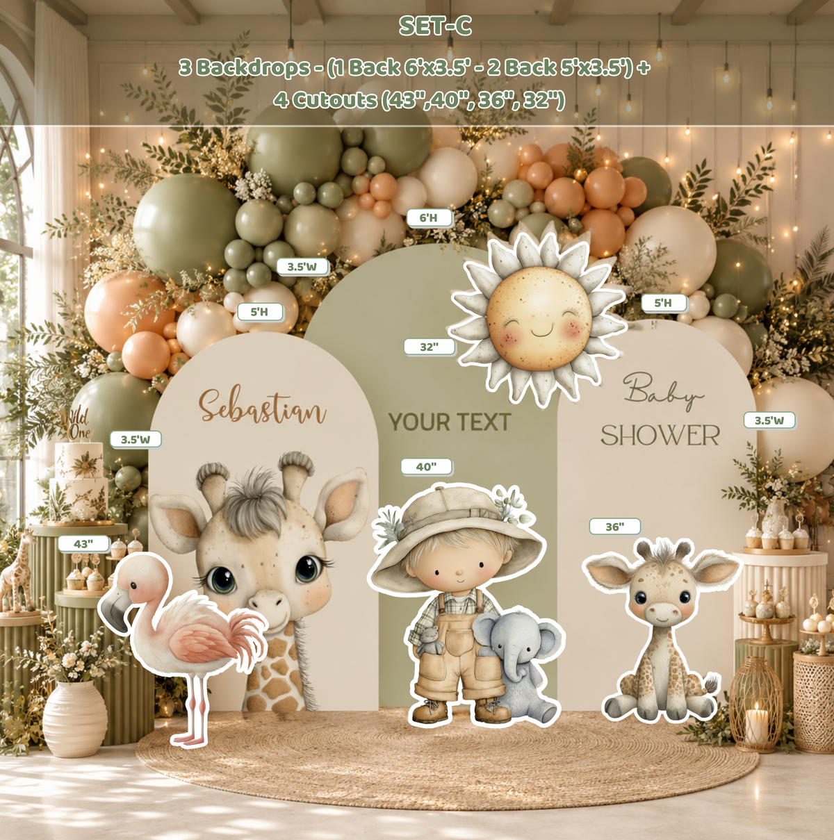 Elegant safari baby shower backdrop with beige and sage green balloons, animal cutouts and soft jungle-themed decor for a custom event display.