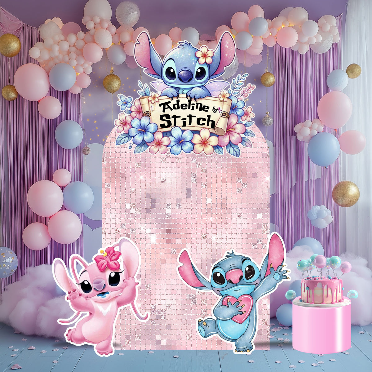 Pastel blue alien kids birthday setup with pink lavender and blue balloons, personalized backdrop and matching character cutouts.