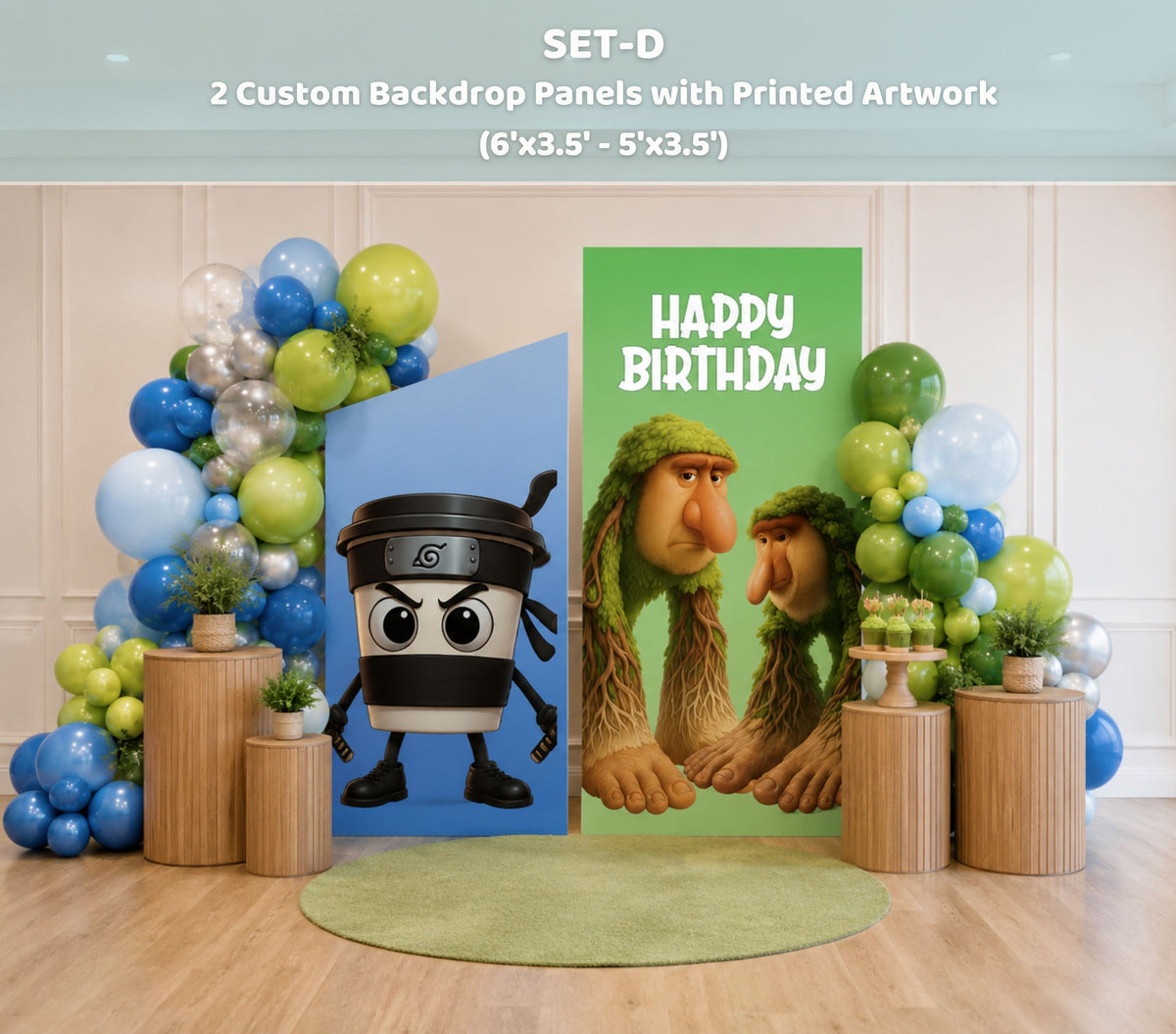 Green Italian Brainrot birthday party backdrop with blue and yellow balloons, personalized design and matching meme character cutouts.