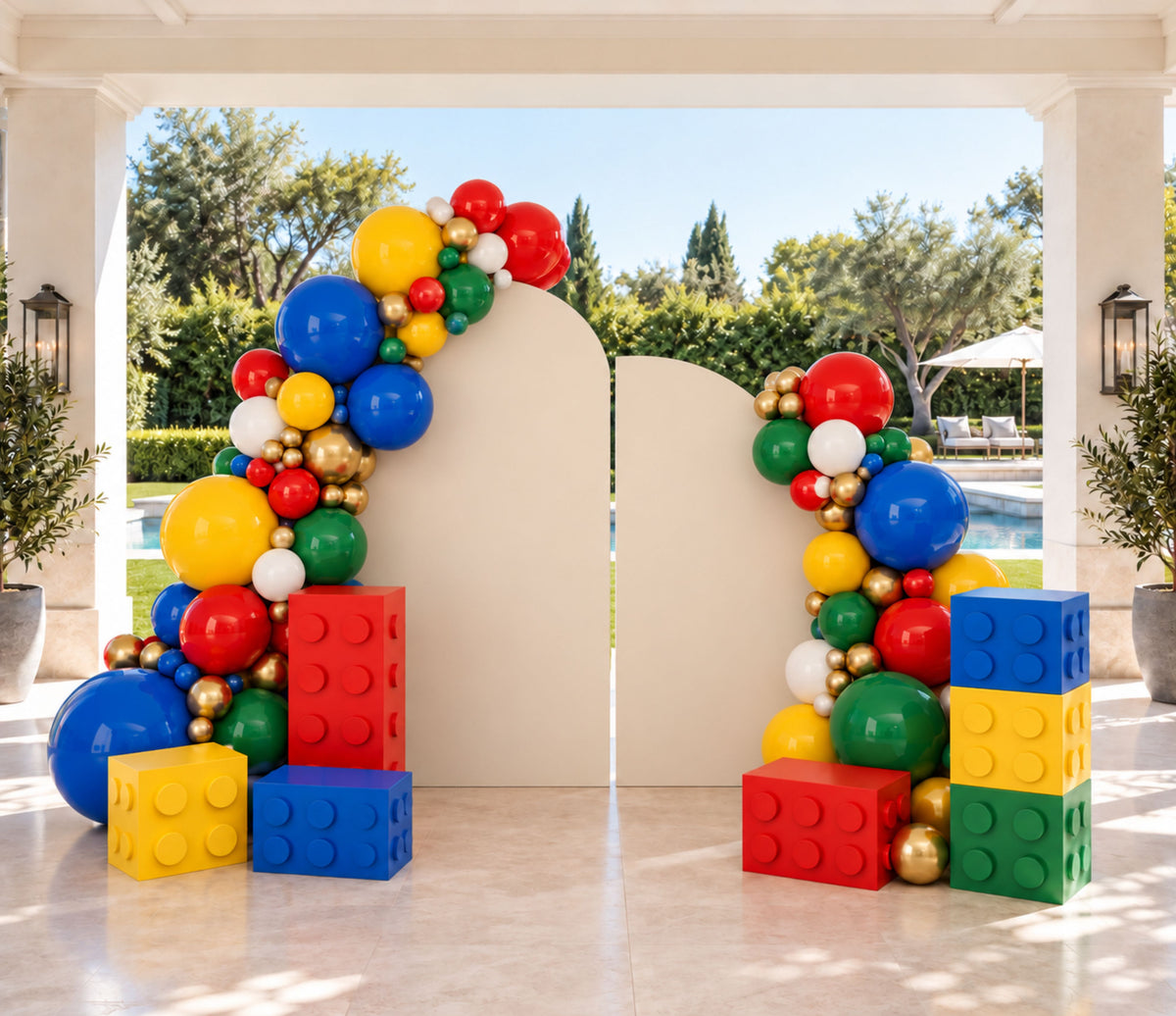 Outdoor building block party backdrop with bright red yellow green and blue panels, balloon accents and playful birthday decor.