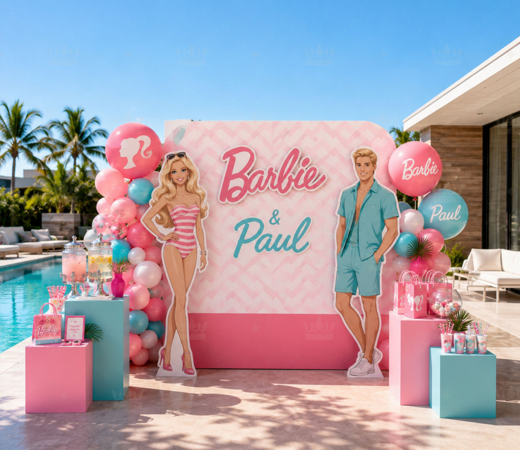 Personalized summer party backdrop with pink tropical decor and colorful birthday balloons