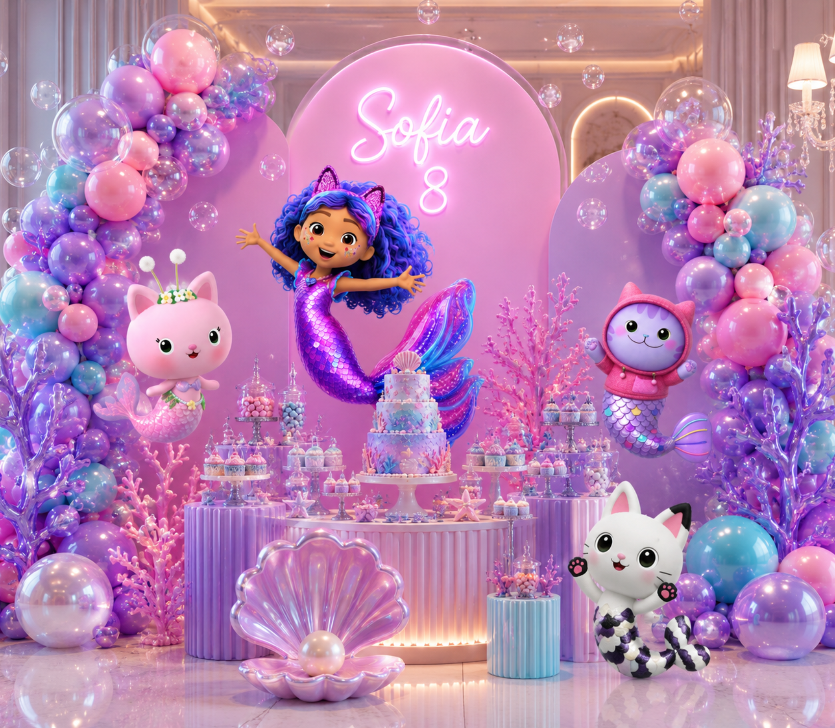 Purple Gabby's Dollhouse mermaid birthday backdrop with personalized panel, balloons and character cutouts