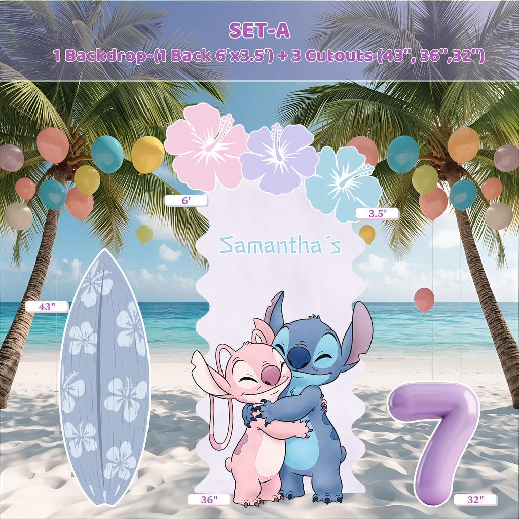 Pastel Blue Alien Beach Birthday Backdrop & Cutouts | Personalized Tropical Kids Party Decorations