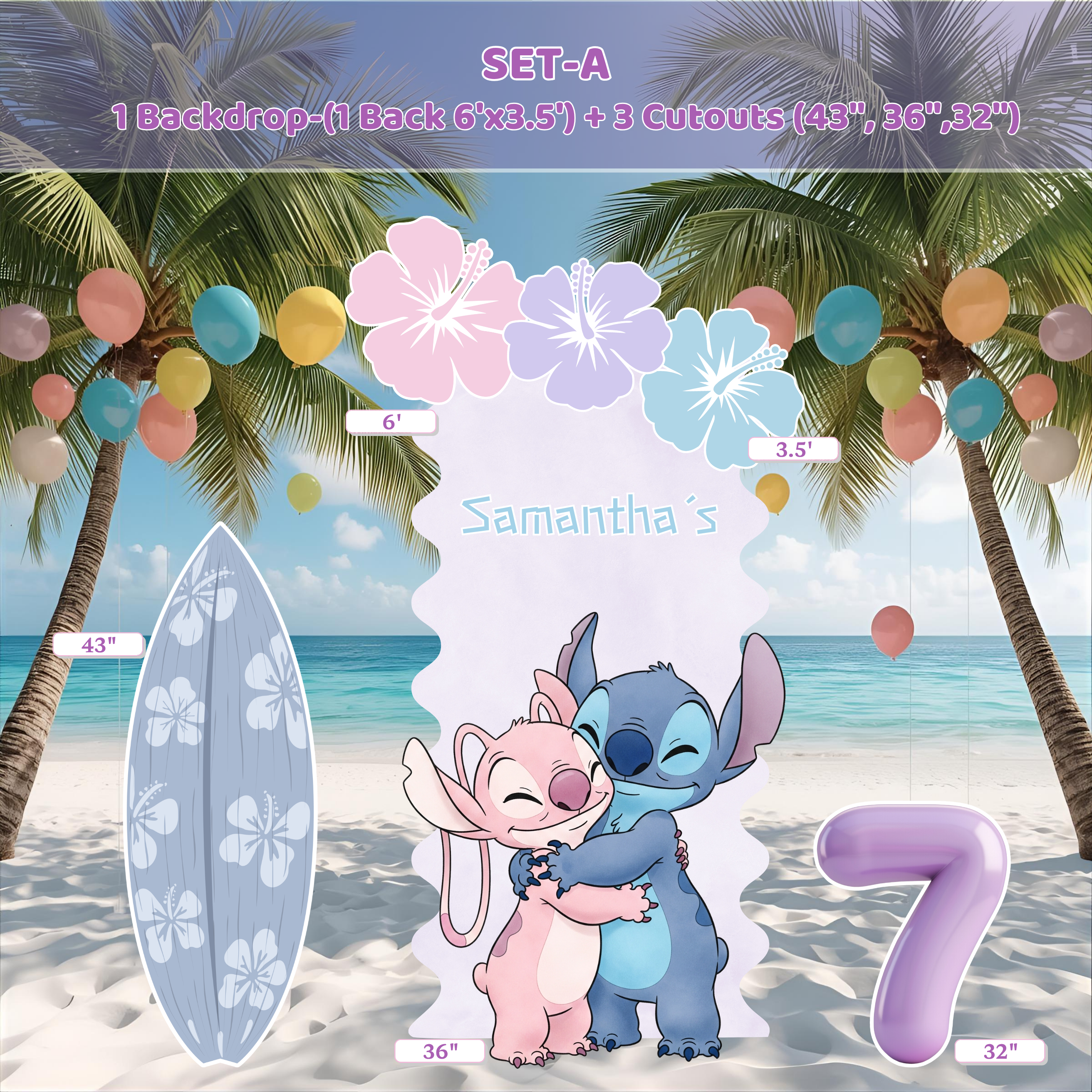 Pastel Blue Alien Beach Birthday Backdrop & Cutouts | Personalized Tropical Kids Party Decorations