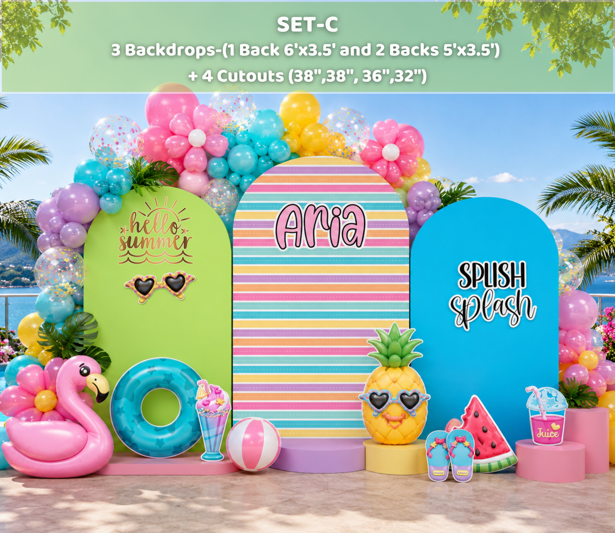 Colorful pool party backdrop with personalized summer panels, tropical balloons, sunglasses and beach inspired birthday decorations.