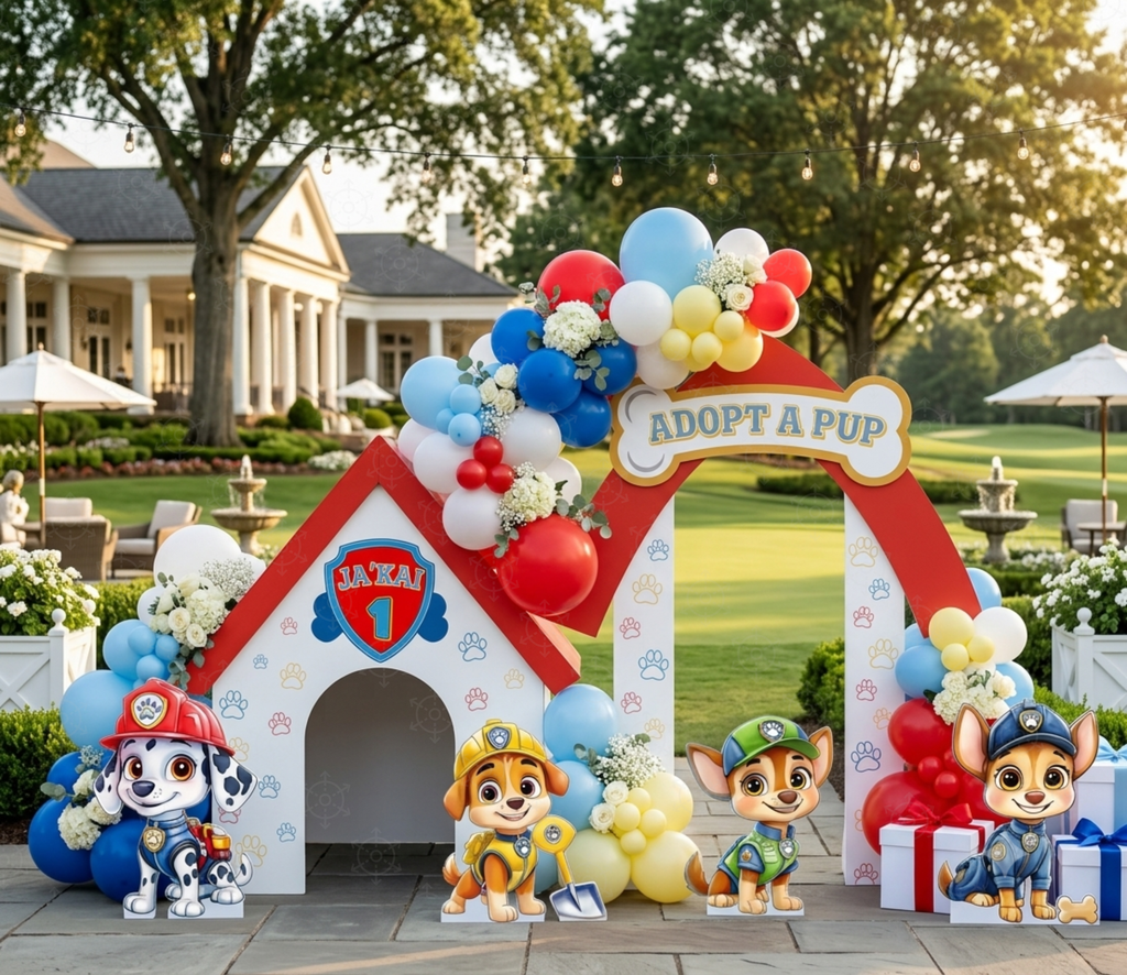 Colorful puppy rescue birthday backdrop and cutouts with red blue and yellow balloons