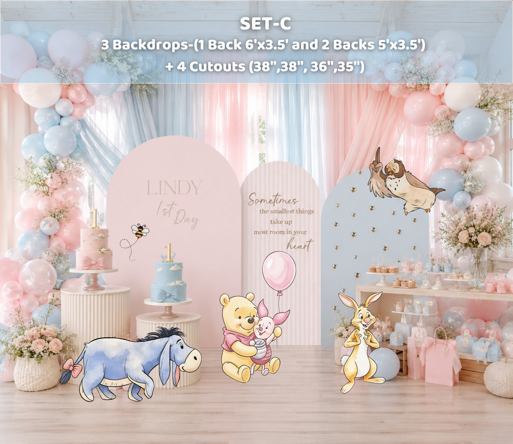 Personalized Honey Bear backdrop set with matching storybook character cutouts in a soft pastel party setting.