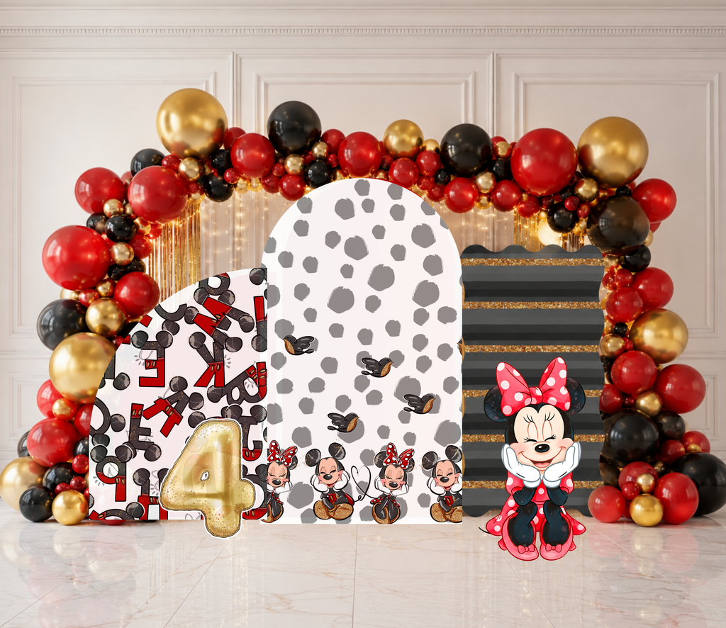 Classic mouse party backdrop with white patterned panel, red black gold balloons and matching character cutouts