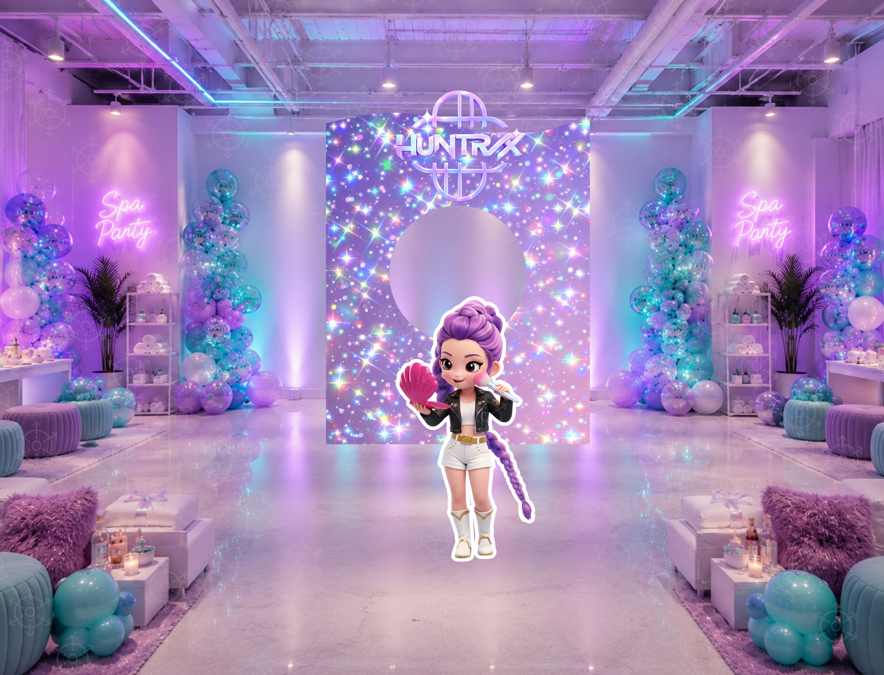 Lavender concert birthday setup with checkerboard runway, balloon arch and chibi idol standee cutouts for a personalized celebration.