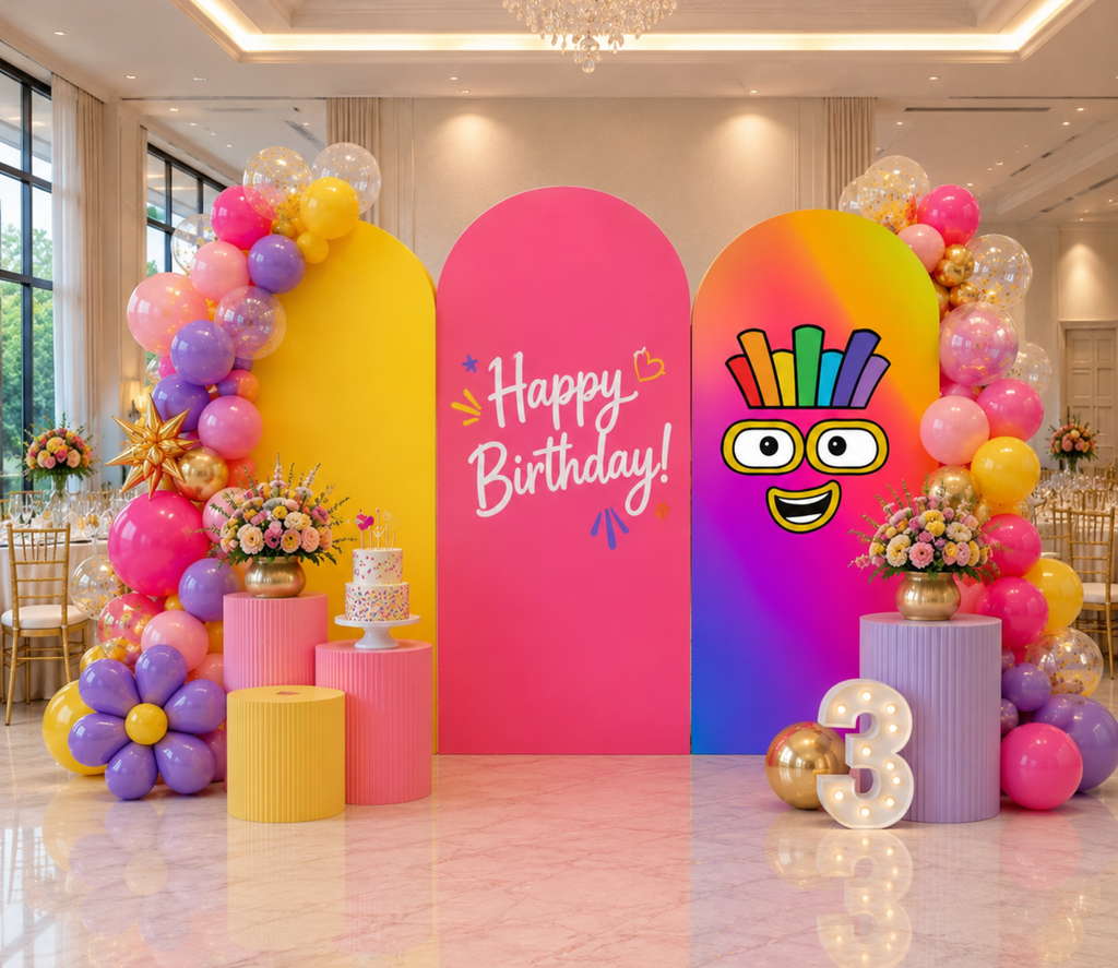 Personalized Numberblocks birthday backdrop with pink and orange panels, colorful balloons and number three party decorations.