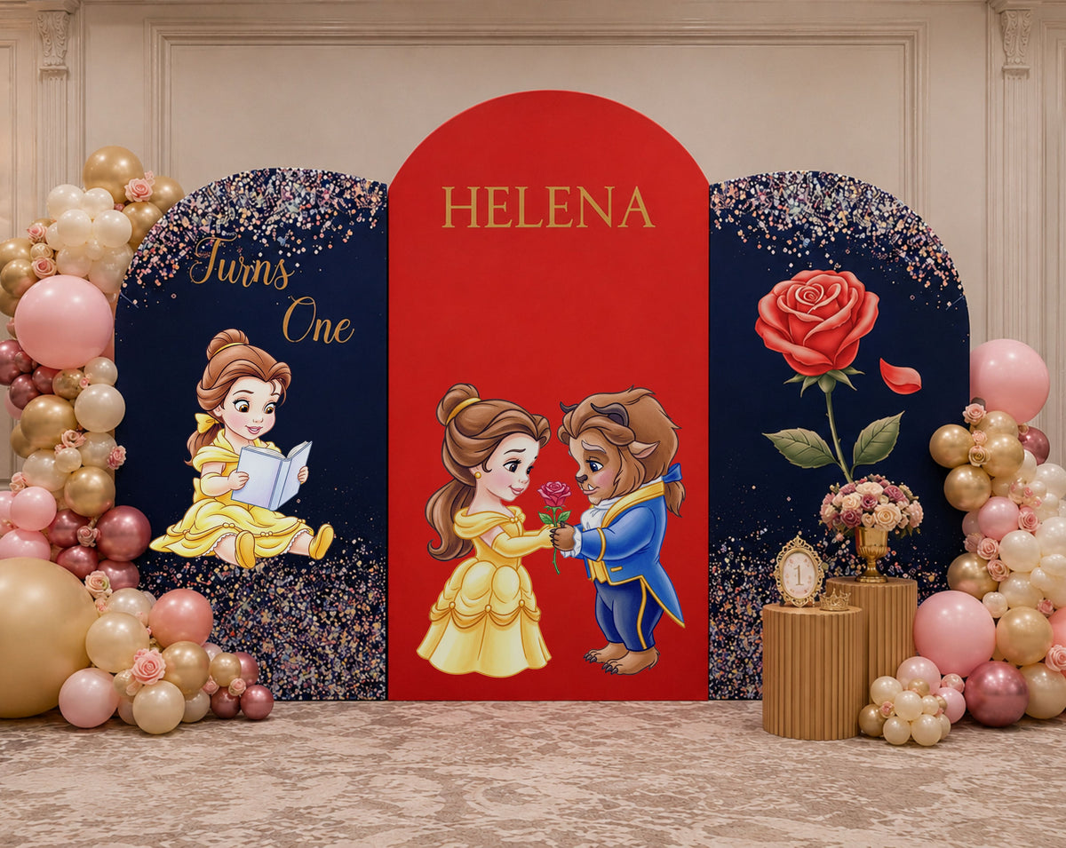 Custom princess birthday backdrop with red and navy panels, personalized name design, and coordinating fairytale character cutouts.