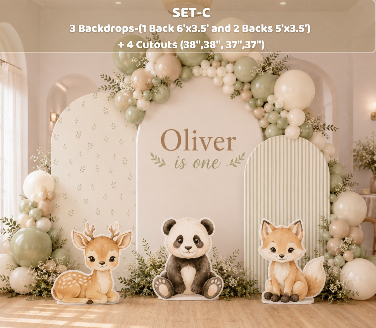 Neutral little animal friends backdrop with arched panels, balloon garland and woodland animal cutouts