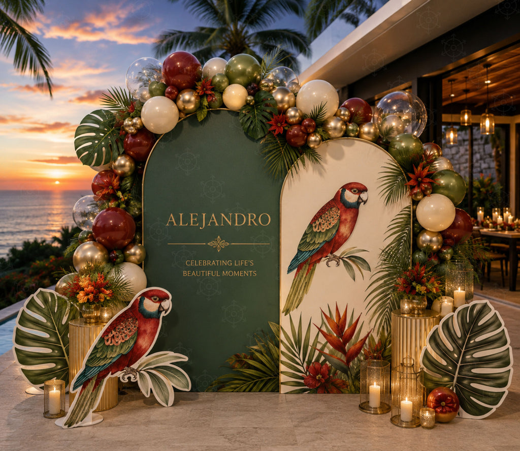 Tropical parrot birthday backdrop with personalized green arch panels, floral balloons and sunset party decor