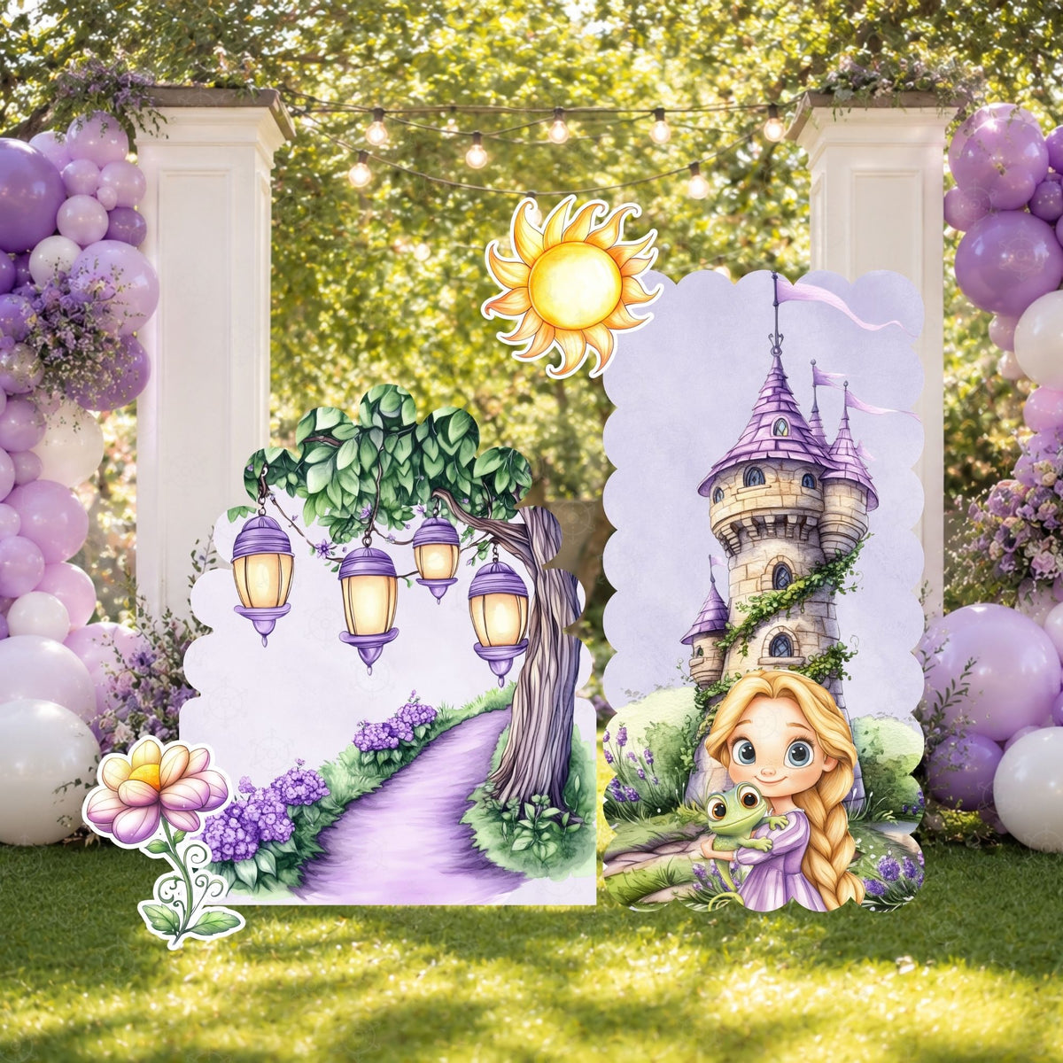 Garden princess birthday setup with tree swing scene, floral decor and long hair princess cutouts for a whimsical outdoor party.