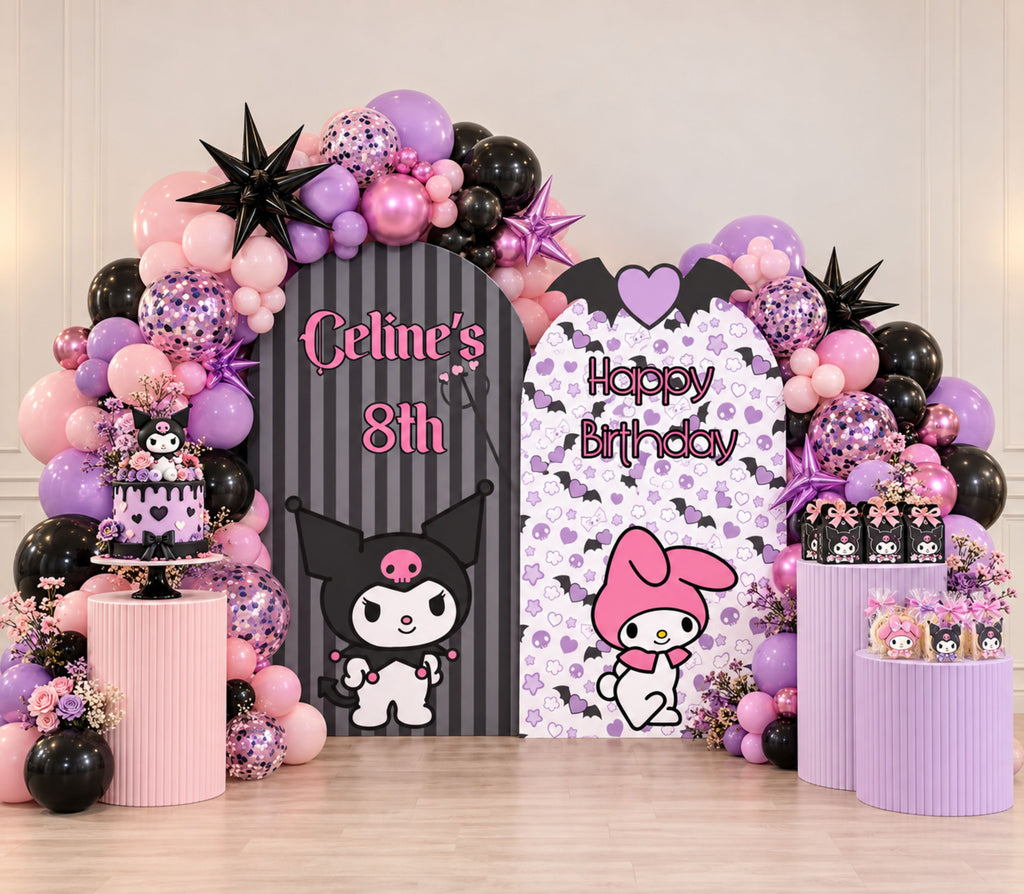Pink and black character birthday backdrop with layered arch panels, balloon accents and personalized sweet mischief party decorations.