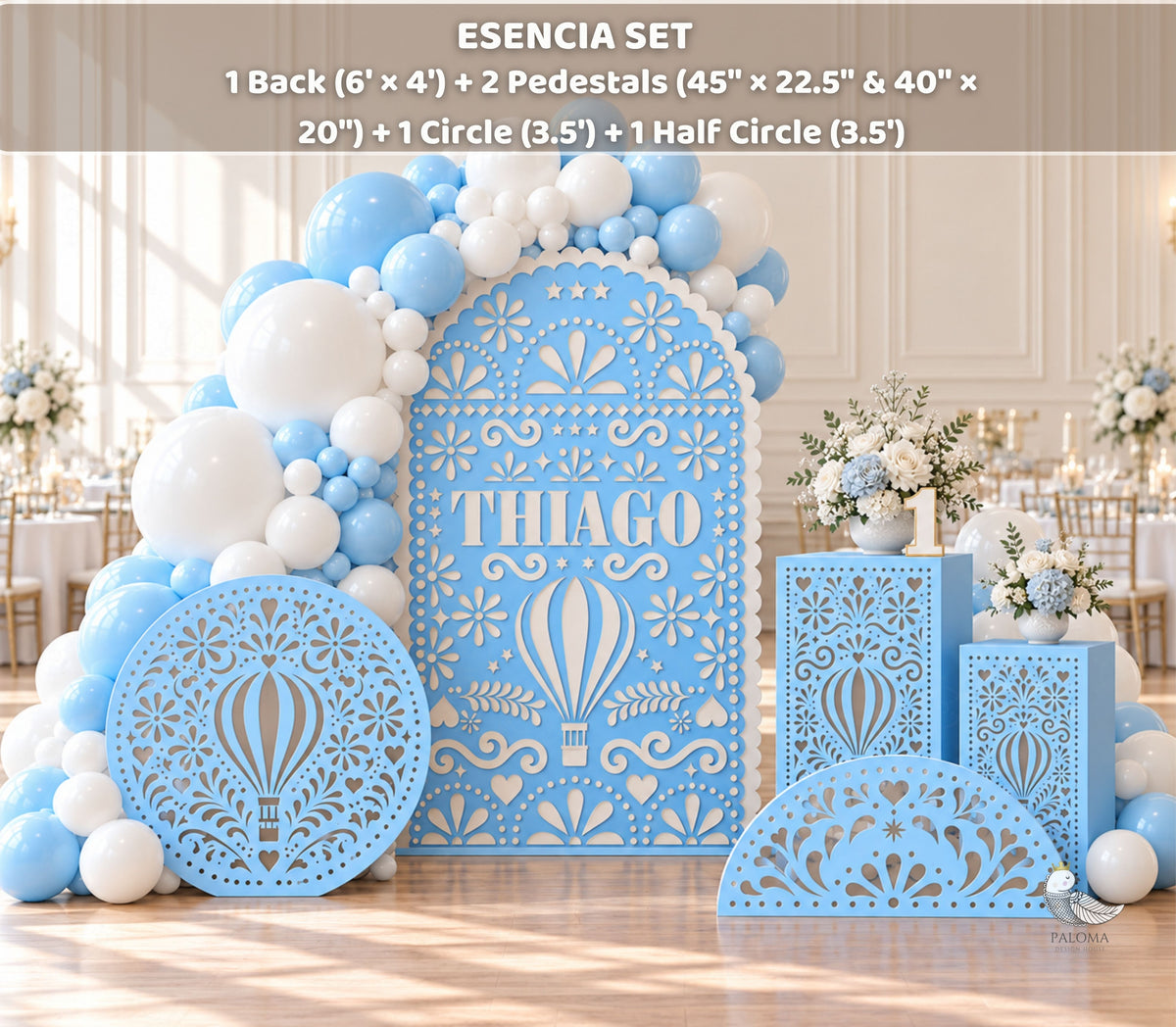 Blue papel picado backdrop collection with layered party decor pieces for baptism, first birthday, gender reveal, or baby celebration