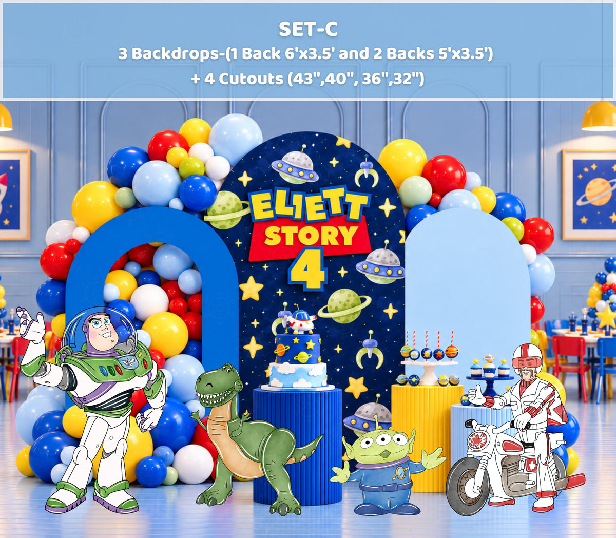 Blue western birthday backdrop with sheriff inspired details, character cutouts and bold blue yellow balloon decor.