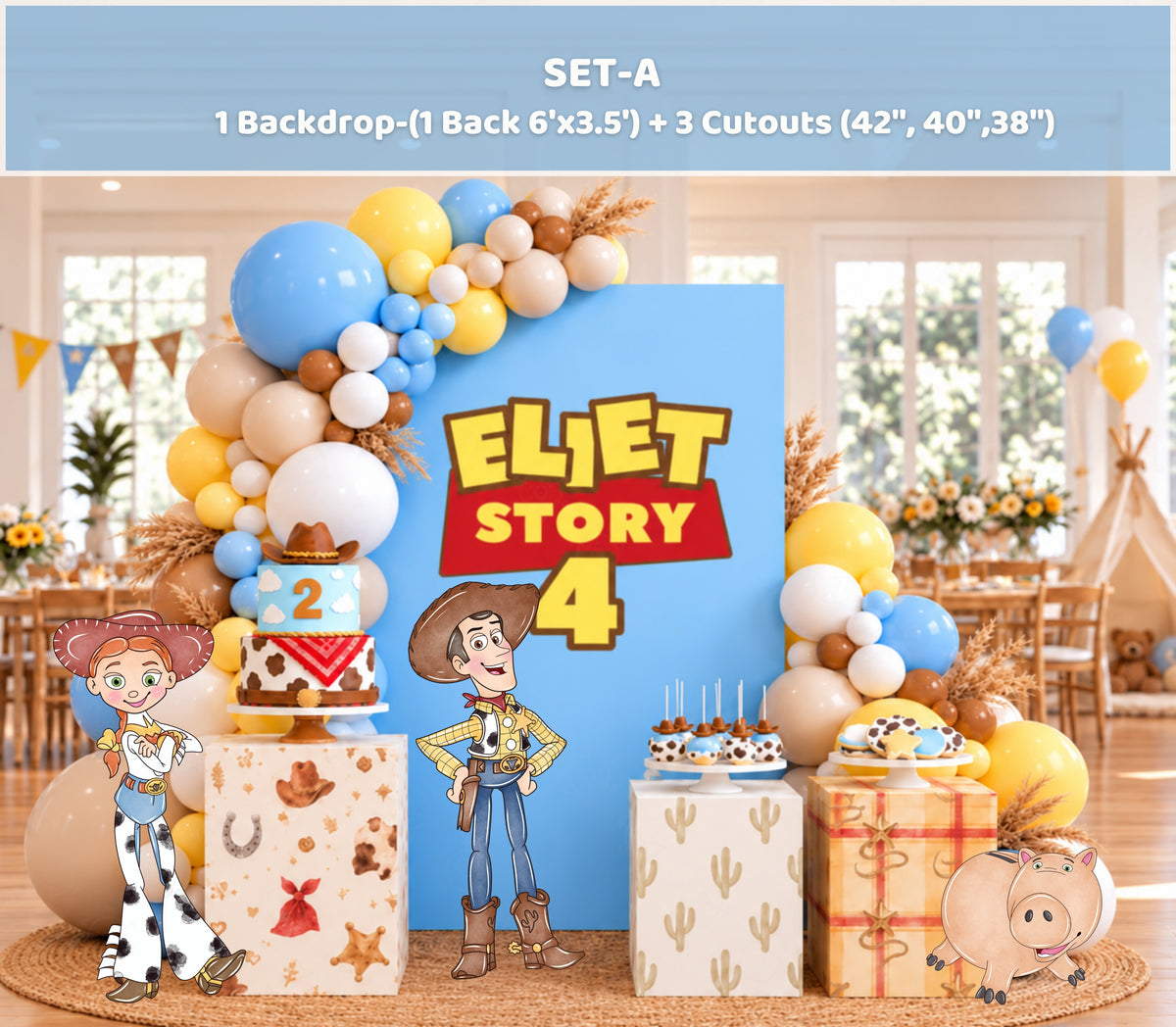 Blue western birthday backdrop with colorful character cutouts, balloon garland and personalized roundup party styling for a kids celebration.