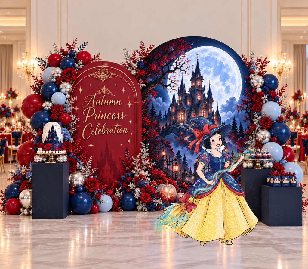 Dark princess birthday backdrop with deep blue and burgundy castle panels, warm seasonal accents and coordinated character-inspired party decor.