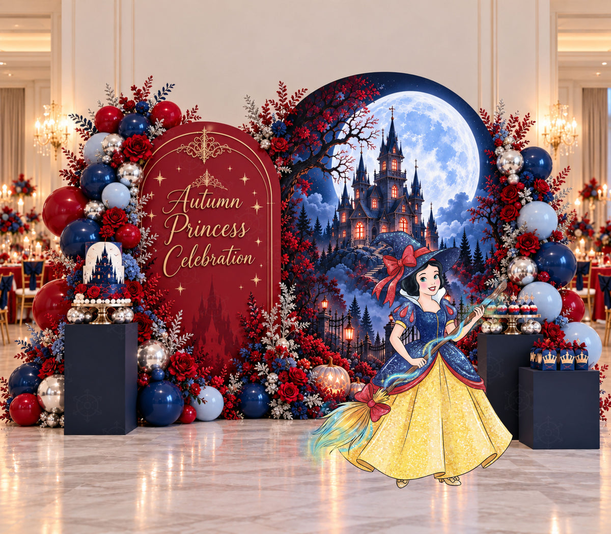 Dark princess birthday backdrop with deep blue and burgundy castle panels, warm seasonal accents and coordinated character-inspired party decor.