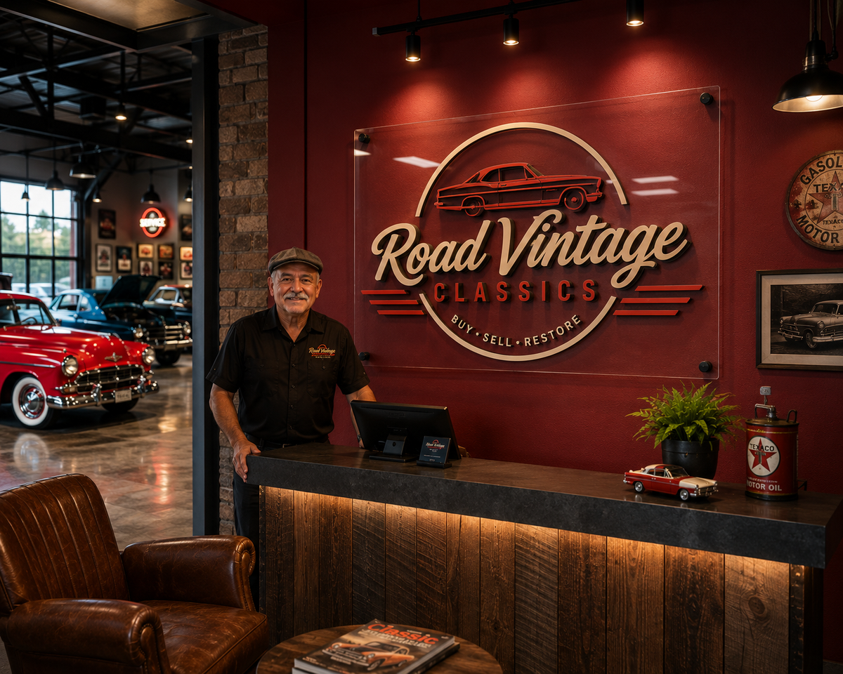 Custom layered acrylic business logo sign displayed behind a vintage automotive shop reception counter.