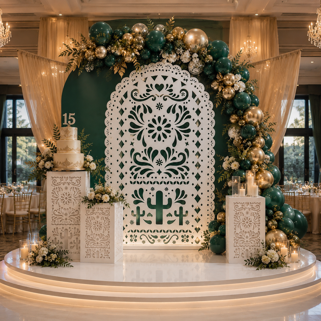White Mexican papel picado backdrop with cactus cutout details and elegant green and gold event decor