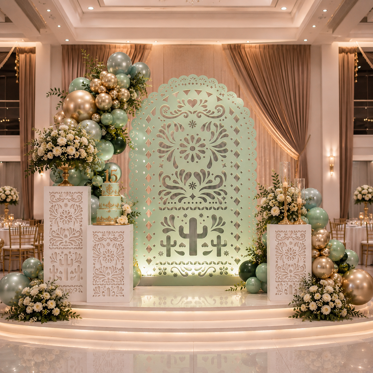 Sage green Mexican Papel Picado backdrop with matching pedestals and neutral floral arrangement