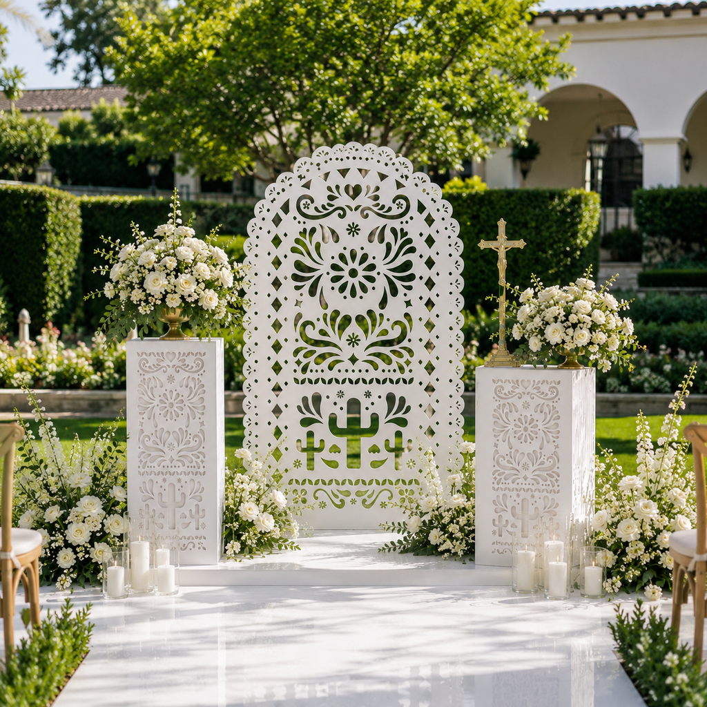 White Papel Picado backdrop with matching pedestals in an outdoor garden celebration