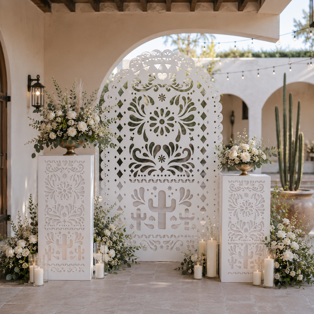 White Papel Picado backdrop with matching white pedestals for an elegant Mexican celebration