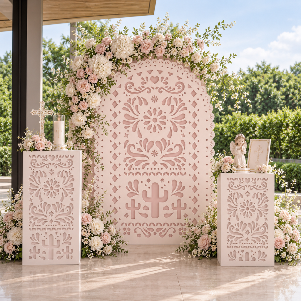 Blush pink Papel Picado backdrop with matching pink pedestals and balloon decor