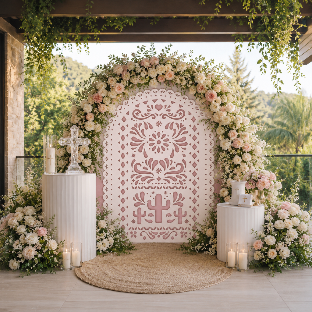 Blush pink Papel Picado backdrop with matching pedestals and floral arch for a personalized event