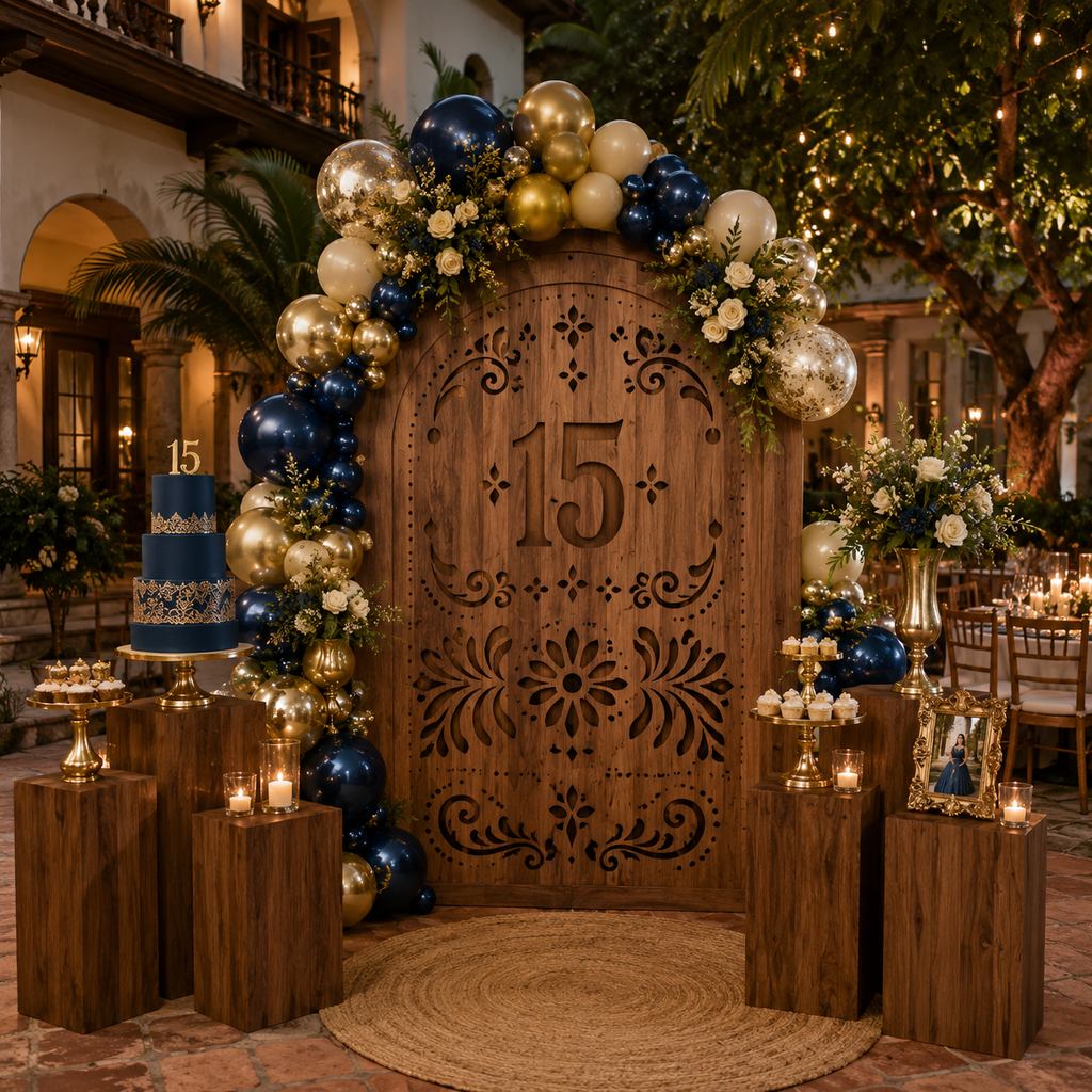 Dark rustic wood quinceañera papel picado backdrop with warm florals and dramatic elegant party styling