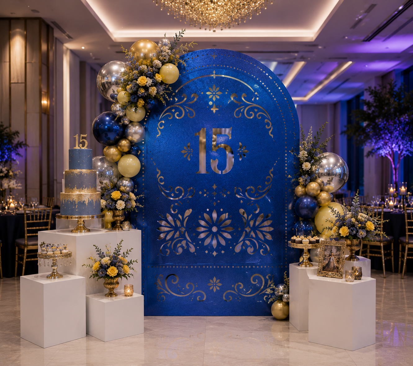 Blue personalized quinceañera papel picado backdrop with gold balloons and number 15