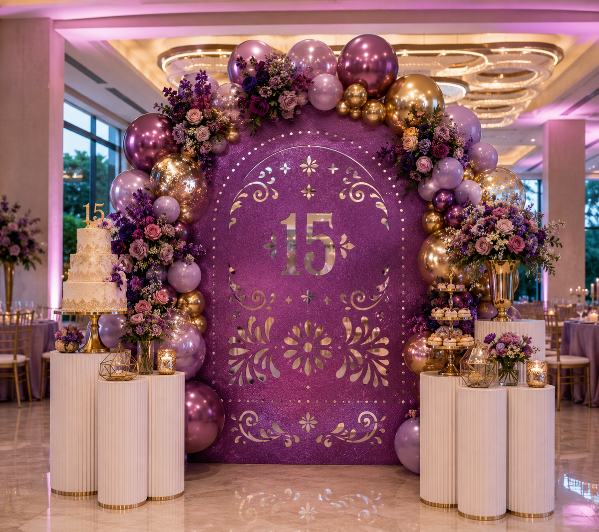 Deep purple quinceañera papel picado backdrop with number 15 and coordinated balloon decor