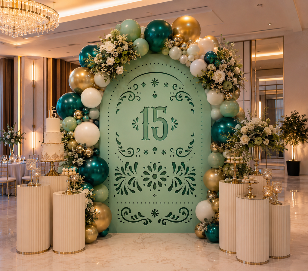 Teal quinceañera papel picado backdrop with number 15 and coordinated balloon decorations