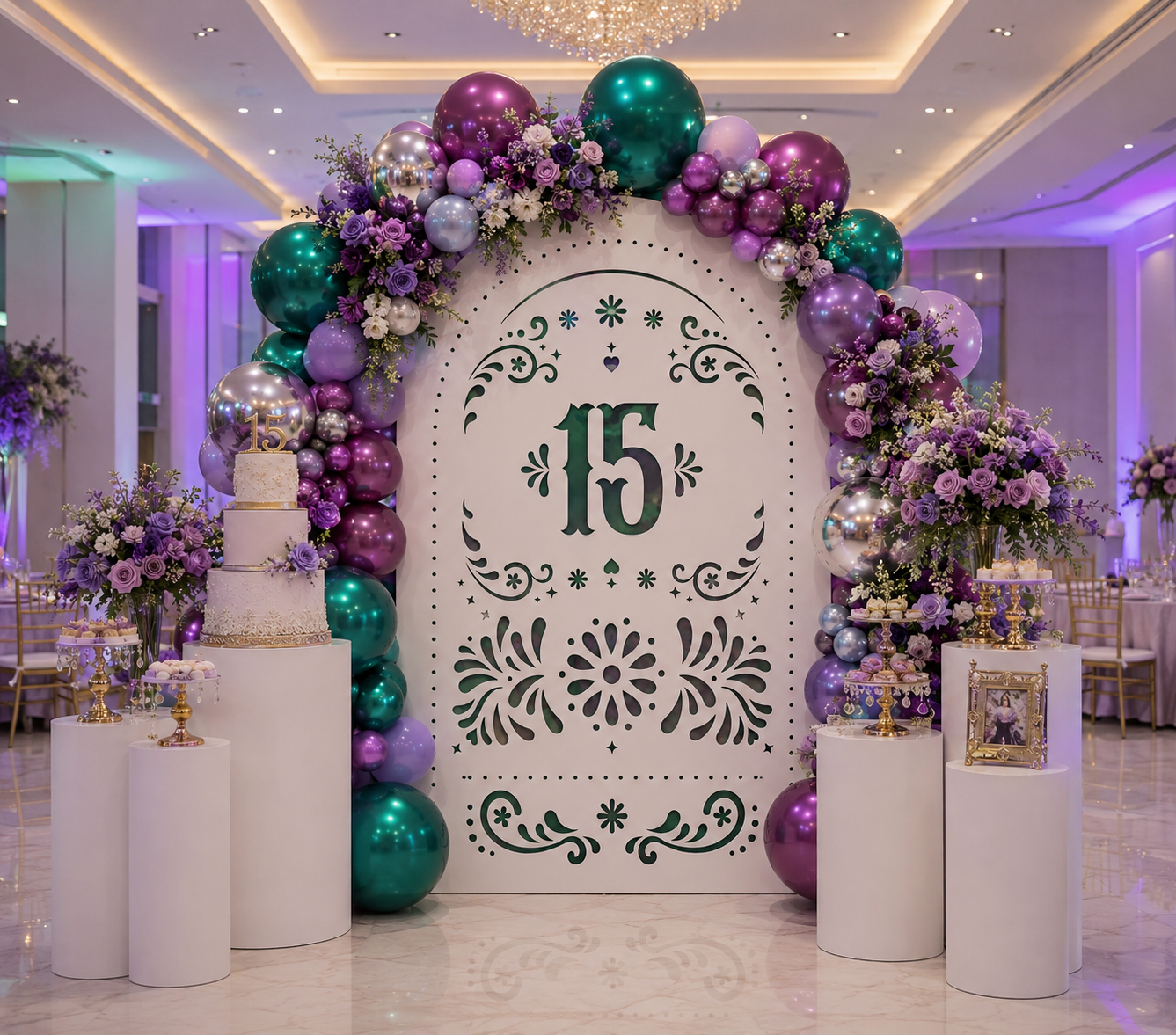 White quinceañera papel picado backdrop with number 15 and purple green balloon accents for elegant party decor