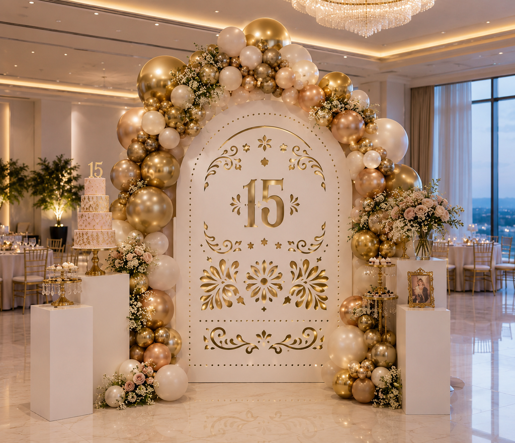White quinceañera papel picado backdrop with warm neutral florals and gold accents for elegant 15th birthday decor
