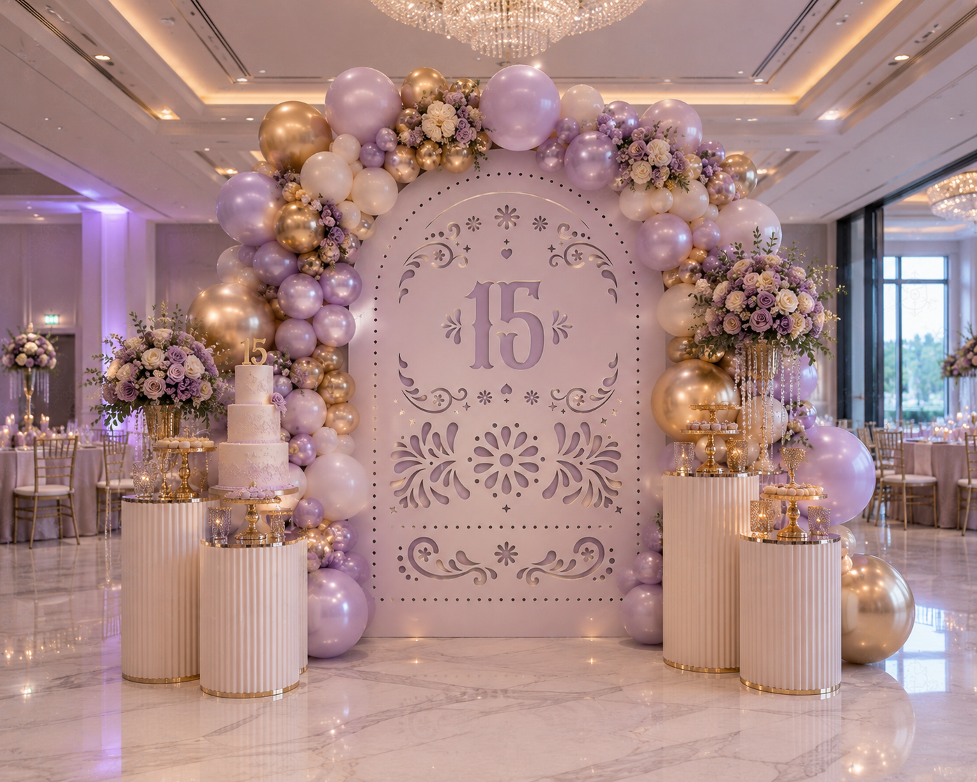 Soft blush quinceañera papel picado backdrop with pastel floral decorations for elegant 15th birthday celebration