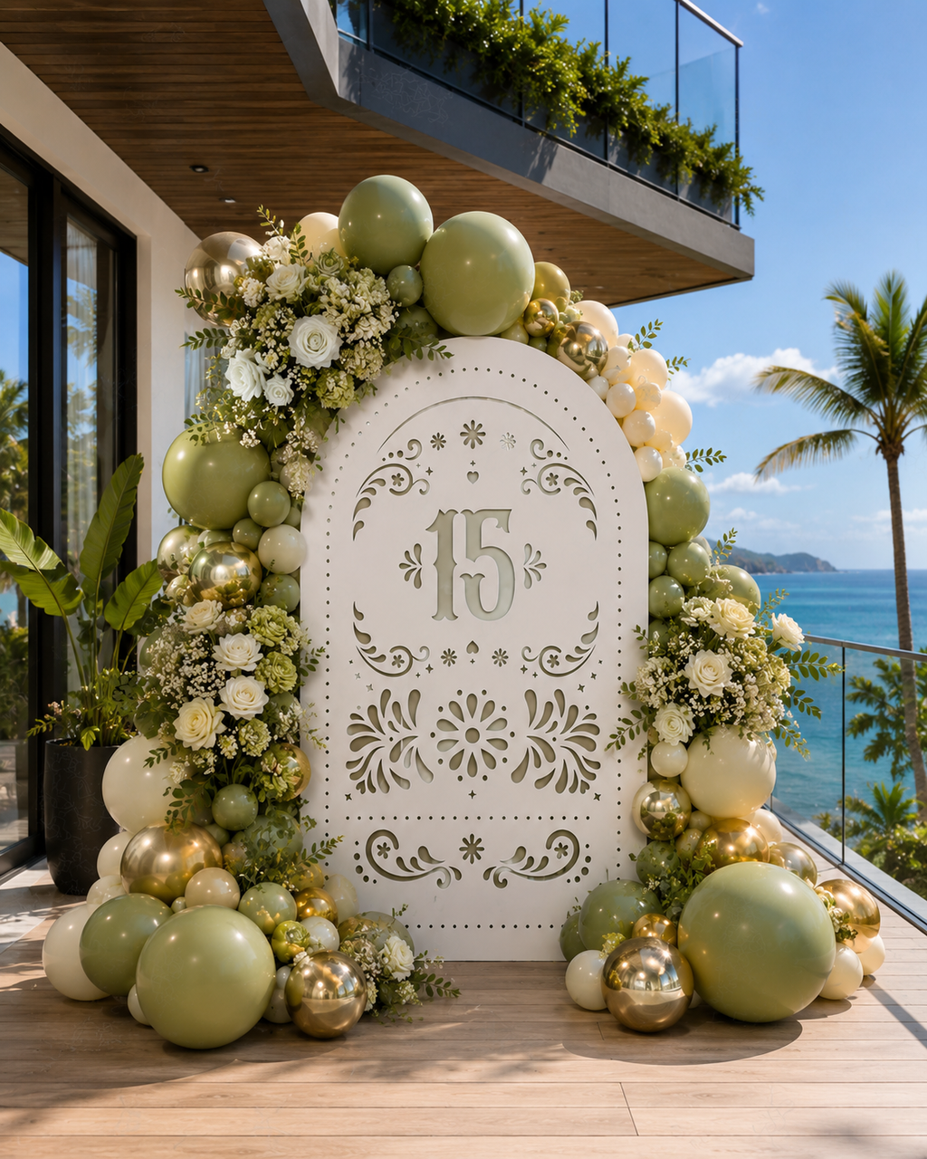 White quinceañera papel picado backdrop with number 15 and greenery for elegant outdoor celebration decor