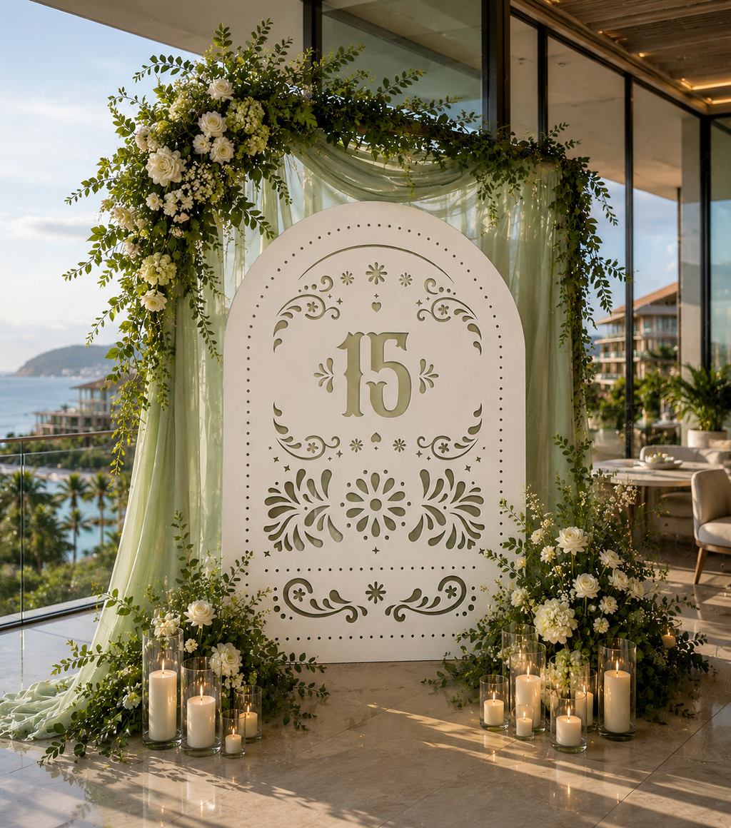 Personalized quinceañera backdrop with number 15 and elegant floral party decor