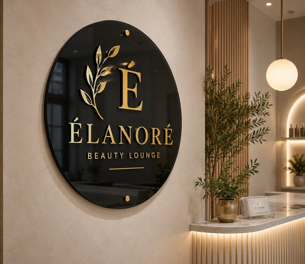 Custom layered acrylic business logo wall sign installed behind a beauty lounge reception desk, featuring a round clear acrylic base with raised mirror gold lettering for a premium 3D dimensional look.
