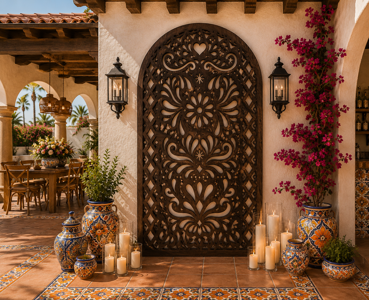 Brown Mexican fiesta backdrop with traditional inspired pattern for elegant event decor