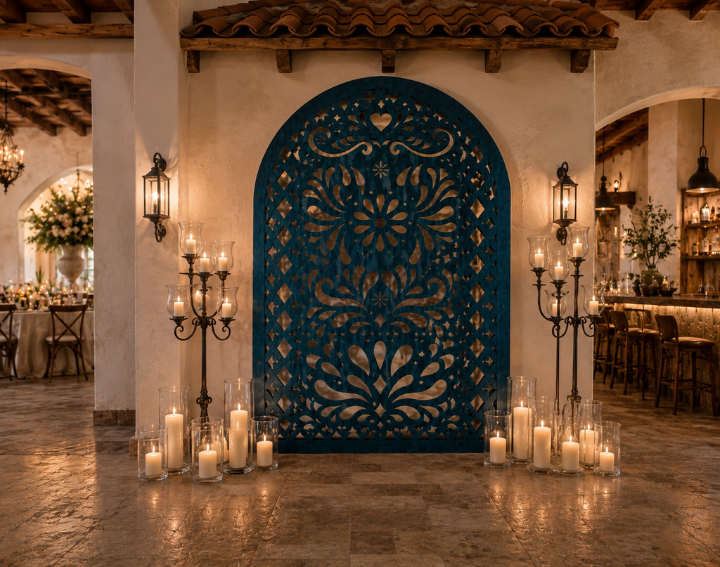 Navy blue fiesta backdrop with intricate Mexican inspired pattern in elegant indoor setting