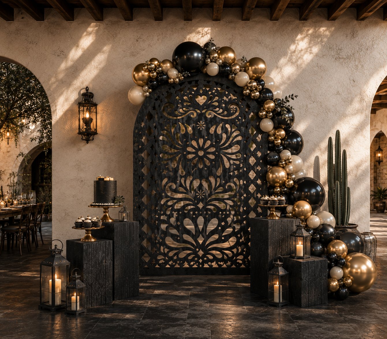 Black fiesta backdrop with gold balloon garland and Mexican inspired event decorations