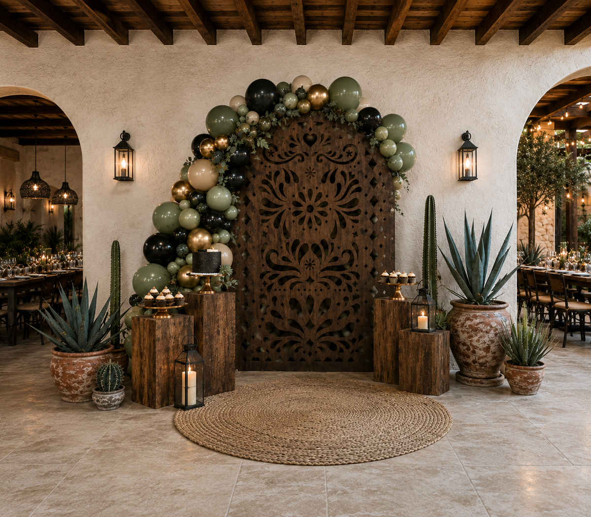 Dark green Mexican fiesta backdrop with floral details and rustic celebration decorations