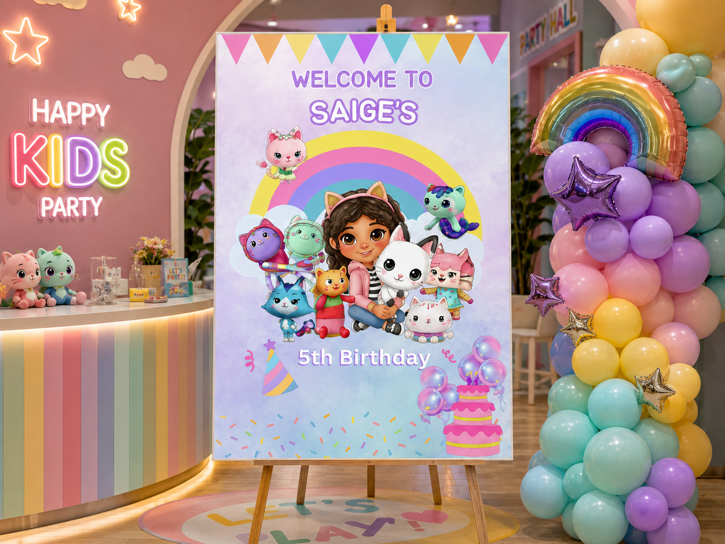Personalized Cat Dollhouse Birthday Welcome Sign | Pastel Rainbow Kids Party Decor