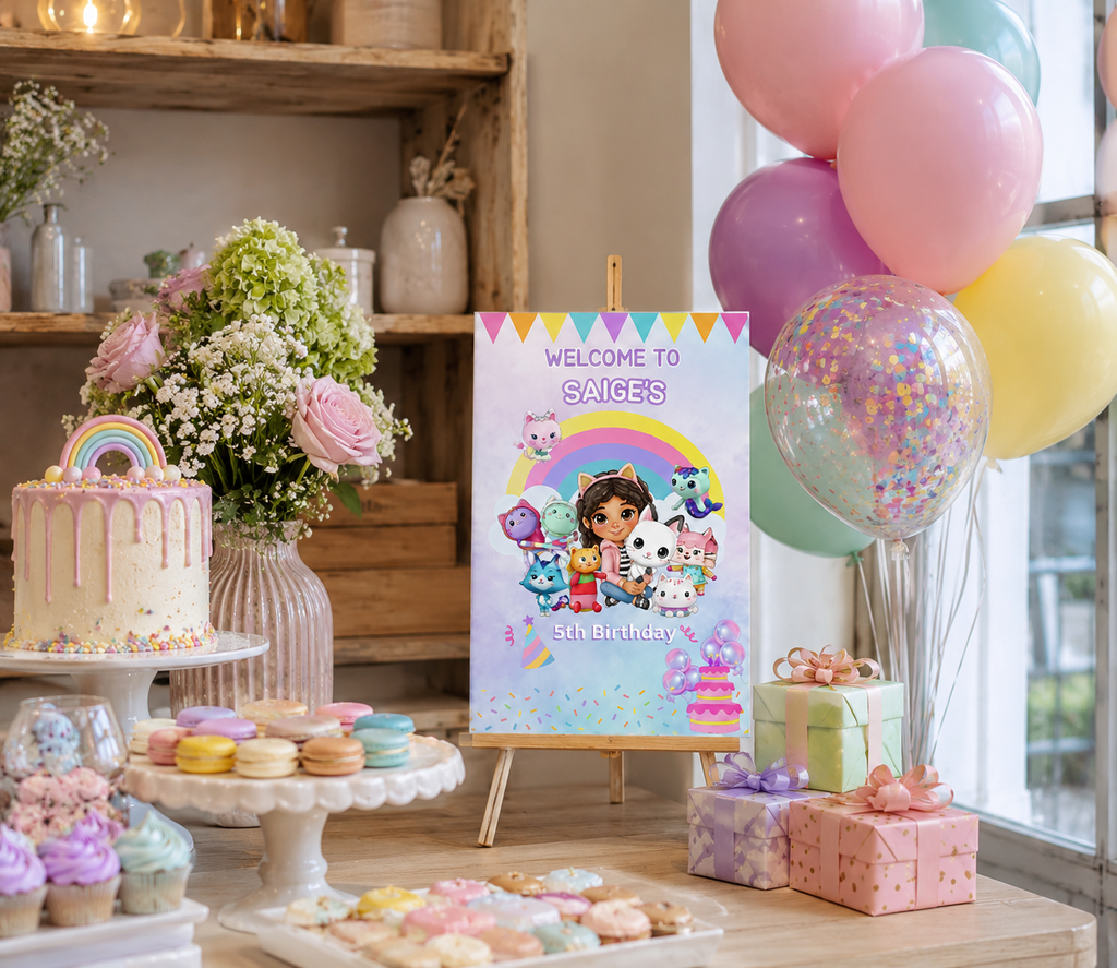 Personalized Cat Dollhouse Birthday Welcome Sign | Pastel Rainbow Kids Party Decor